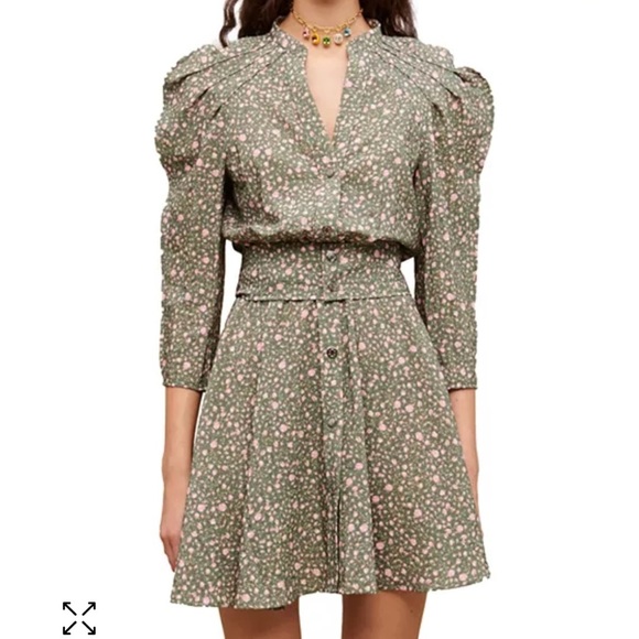 Maje Rakita Puff Sleeve Shirt Dress Green Pink Pleated Mini Floral Sz 38 US M - Picture 3 of 14